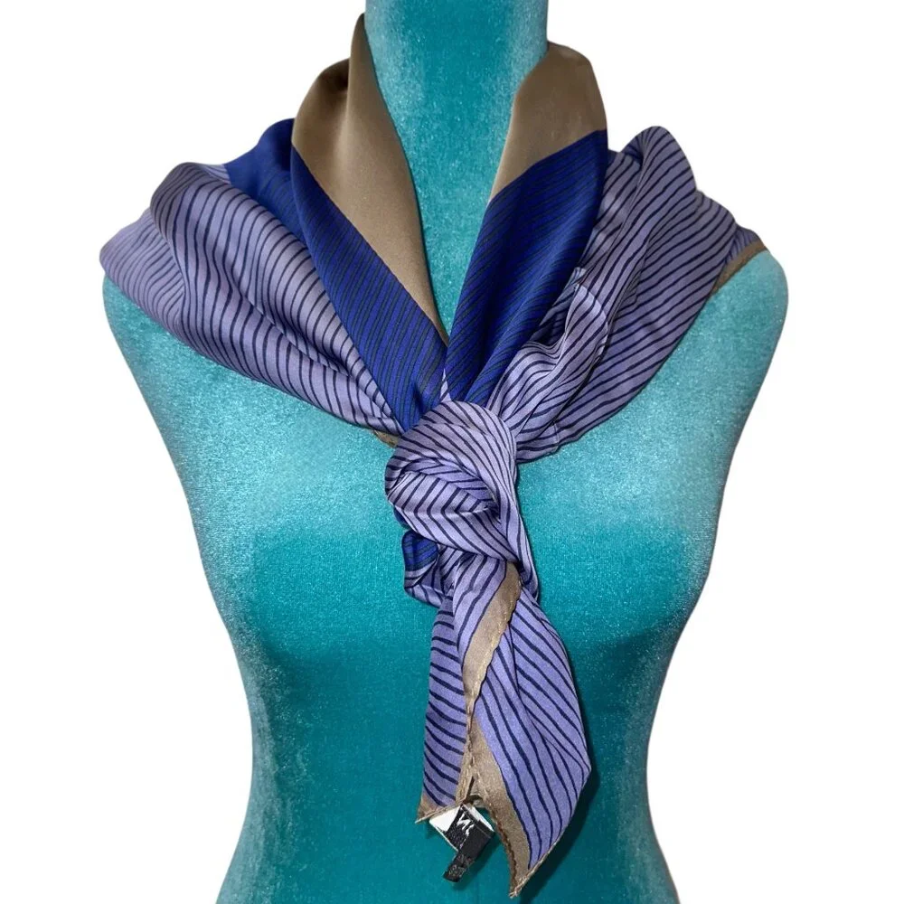 Halston Heritage 100% Silk Square Scarf, Navy Taupe Violet Striped, NWT